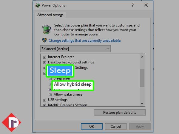 In Sleep menu, expand the ‘Allow hybrid sleep’ option