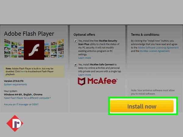 Click on the “Install Now” button to download the Flash Player installer file