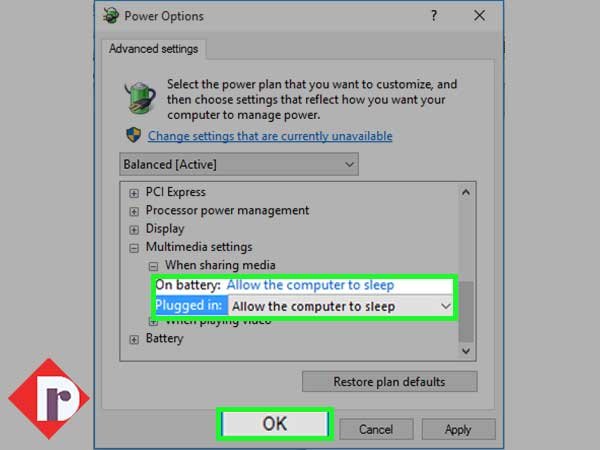Select the “Allow the computer to sleep” option and click the ‘Ok’ button