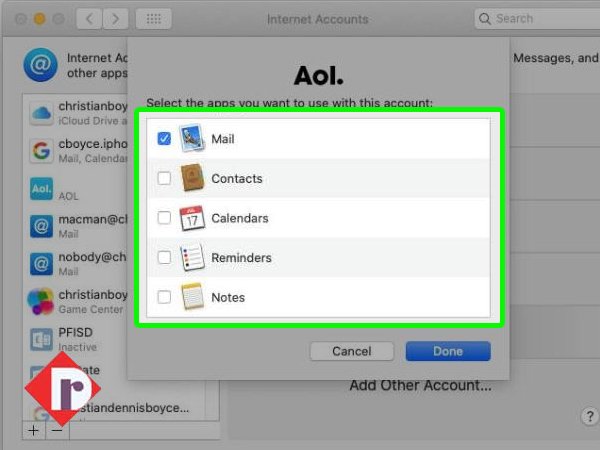 Select the apps to be synced with your AOL account.